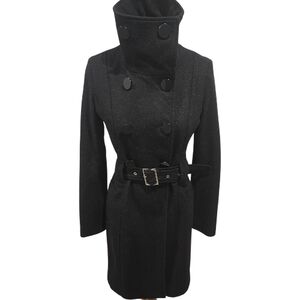 Guess Small Black High-Collar Wool Trench Coat Wool Black Pea Coat